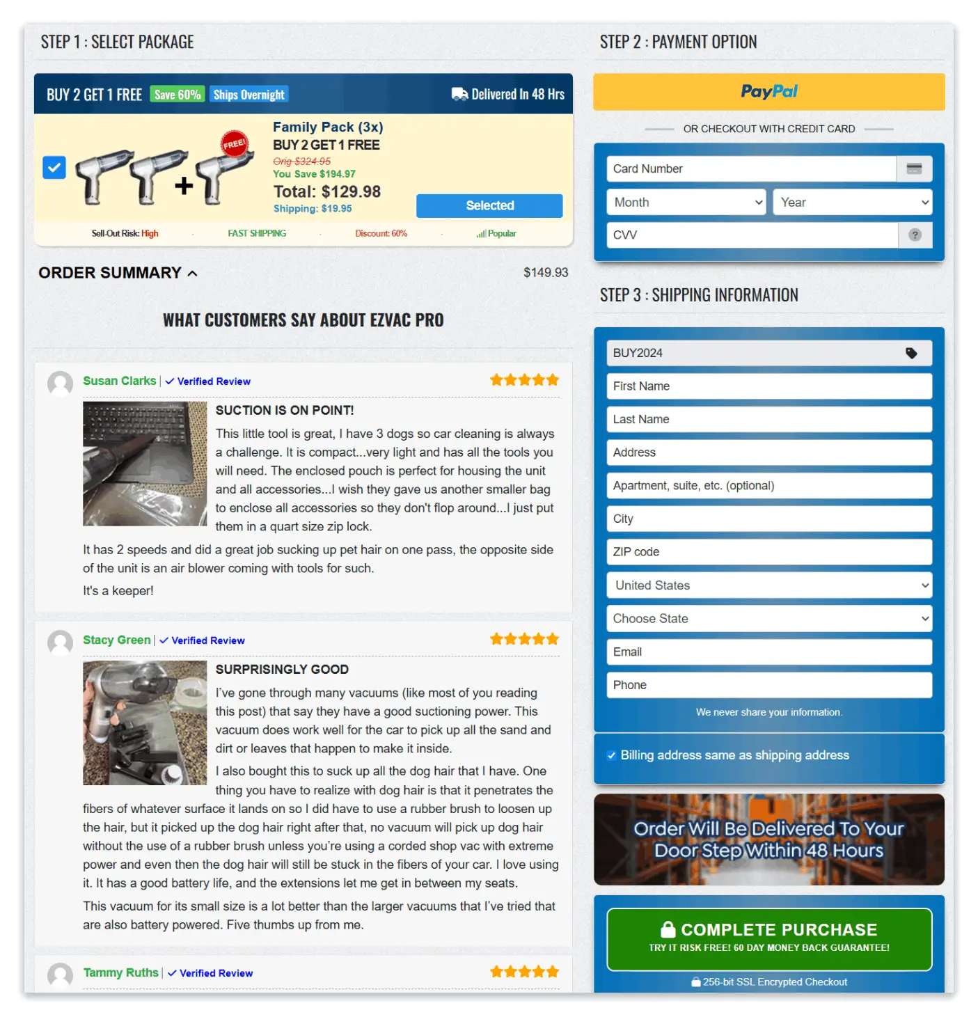 Ez Vac Pro secure checkout page
